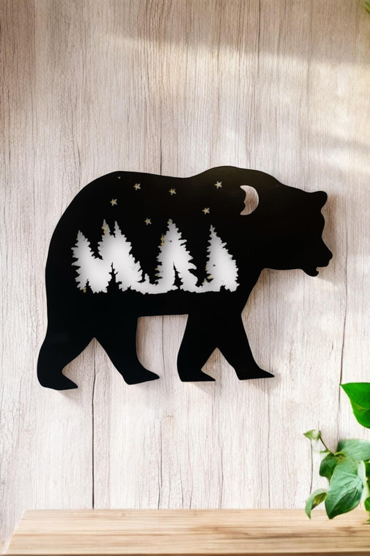 Starry Forest Scene in Bear Silhouette Art