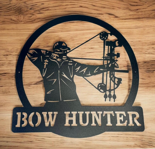 Bow hunter metal art that reads "Bow Hunter"