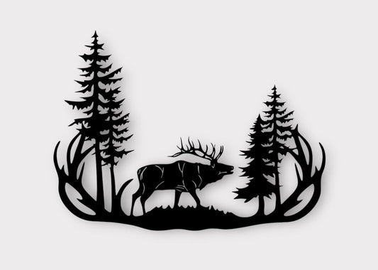 Metal wall art - Elk with pine trees with a frame like appearance of elk antlers