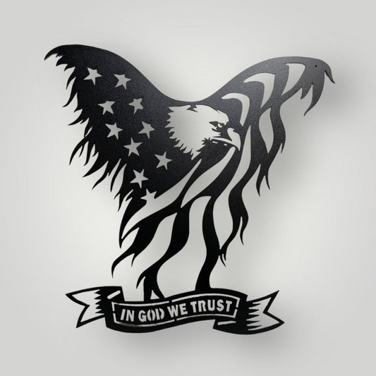 Bold Eagle emerges from American flag which says In God We Trust in banner