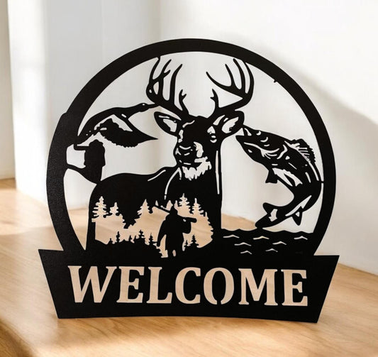 Fishing and hunting themed metal Welcome sign