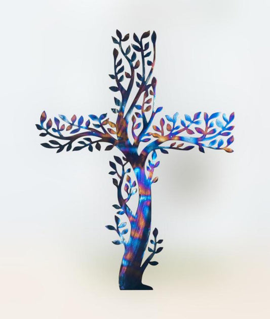 Multicolored metal wall art cross created with branches and leaves