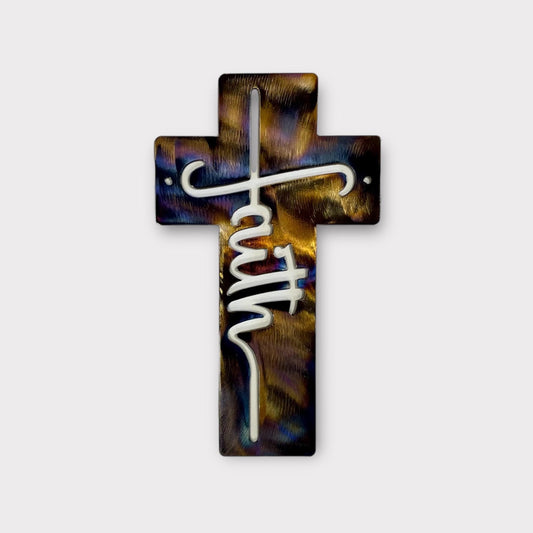 Multicolored metal Cross with "faith" cut through 